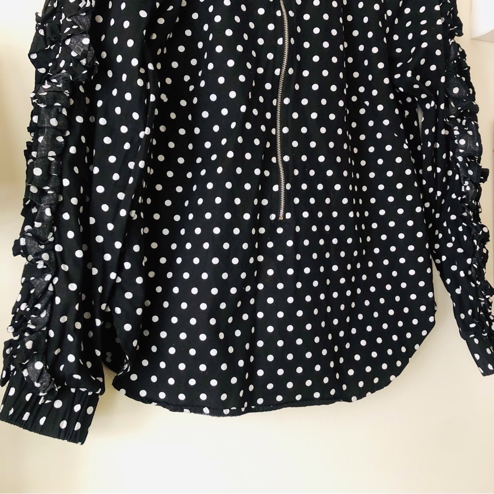 Greysn Black and White Polka Dot Ruffle Sleeve Zip Up Cotton Blouse Size Medium - Picture 4 of 11